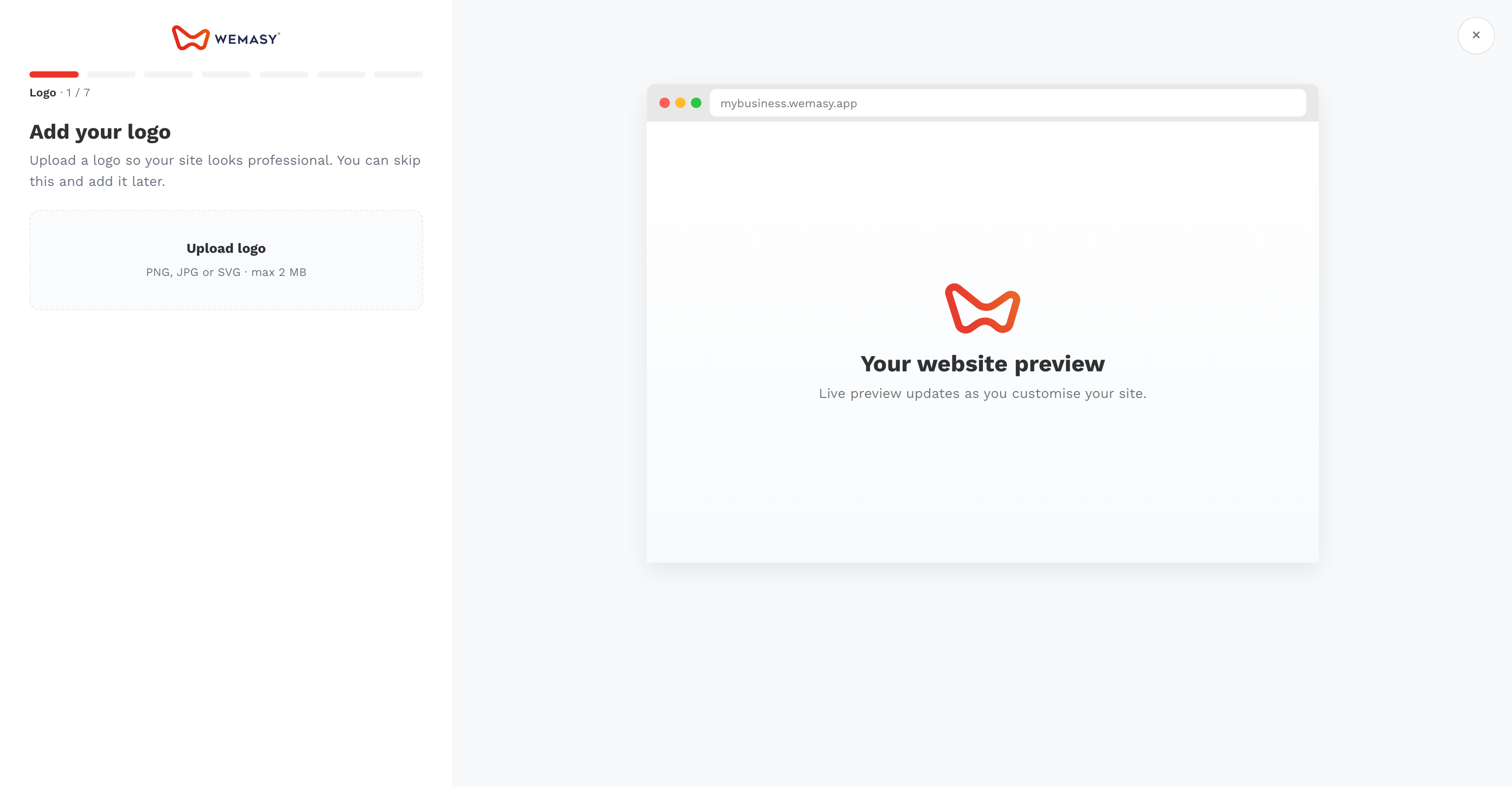 Opstartsguiden i WEMASY ved trinnet med logo