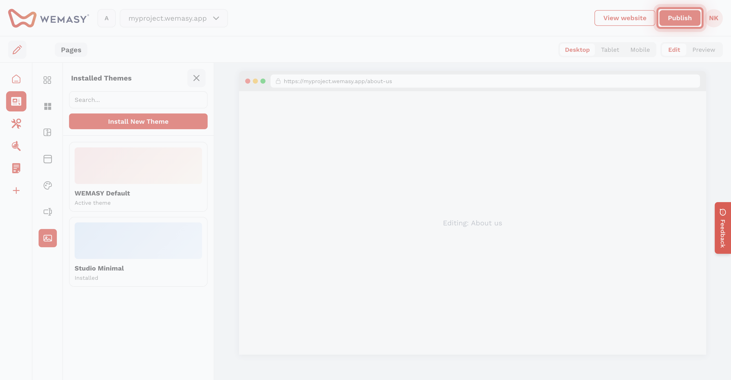 Hjemmesidebygger: installer et tema