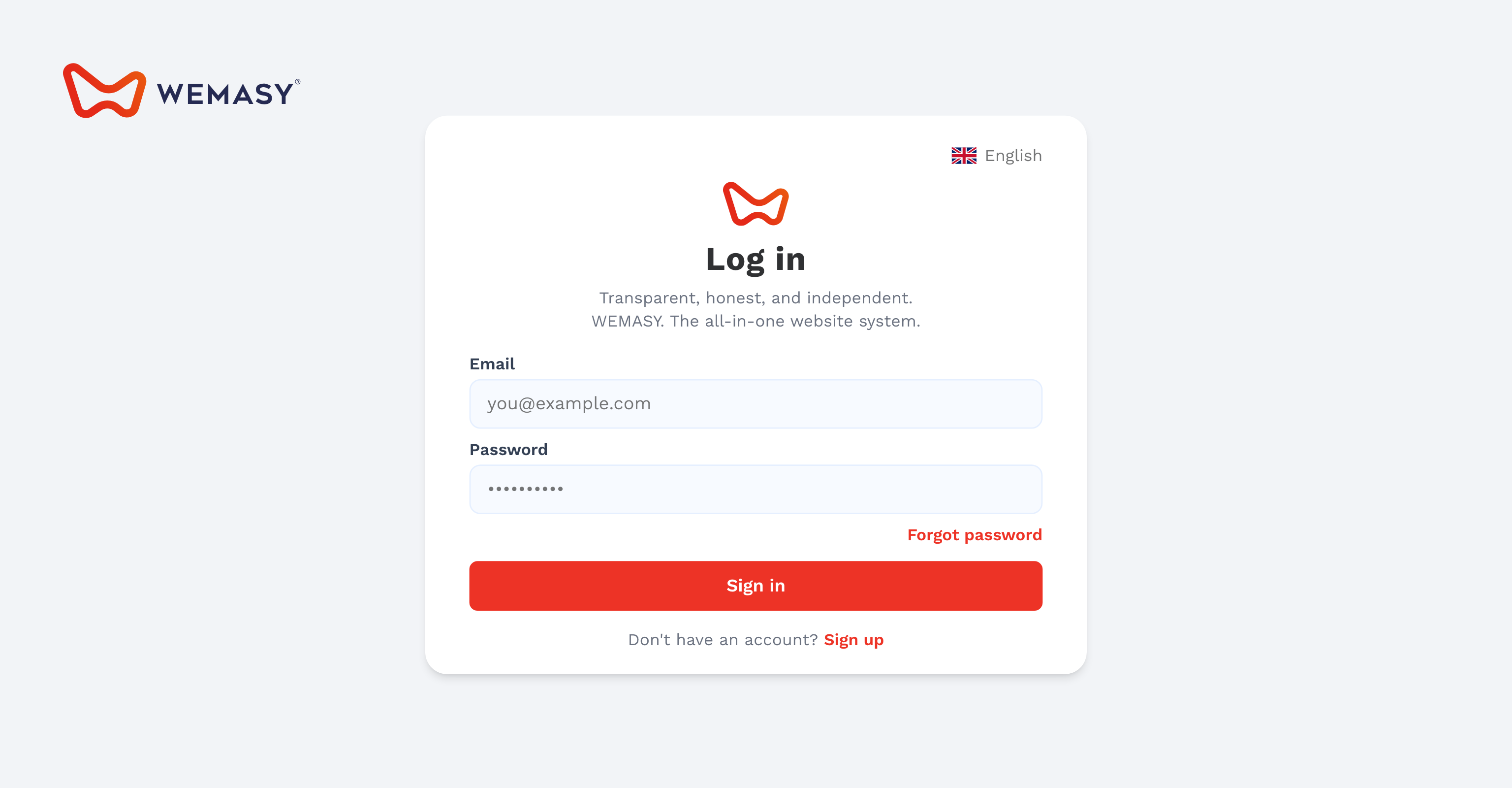 Login-skærmen i WEMASY med felter til e-mail og adgangskode