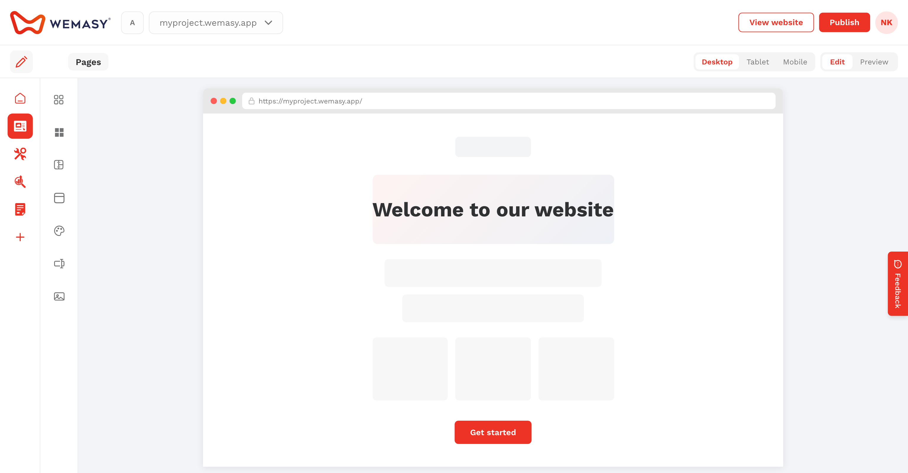 Den visuelle editor i Hjemmesidebyggeren fra WEMASY